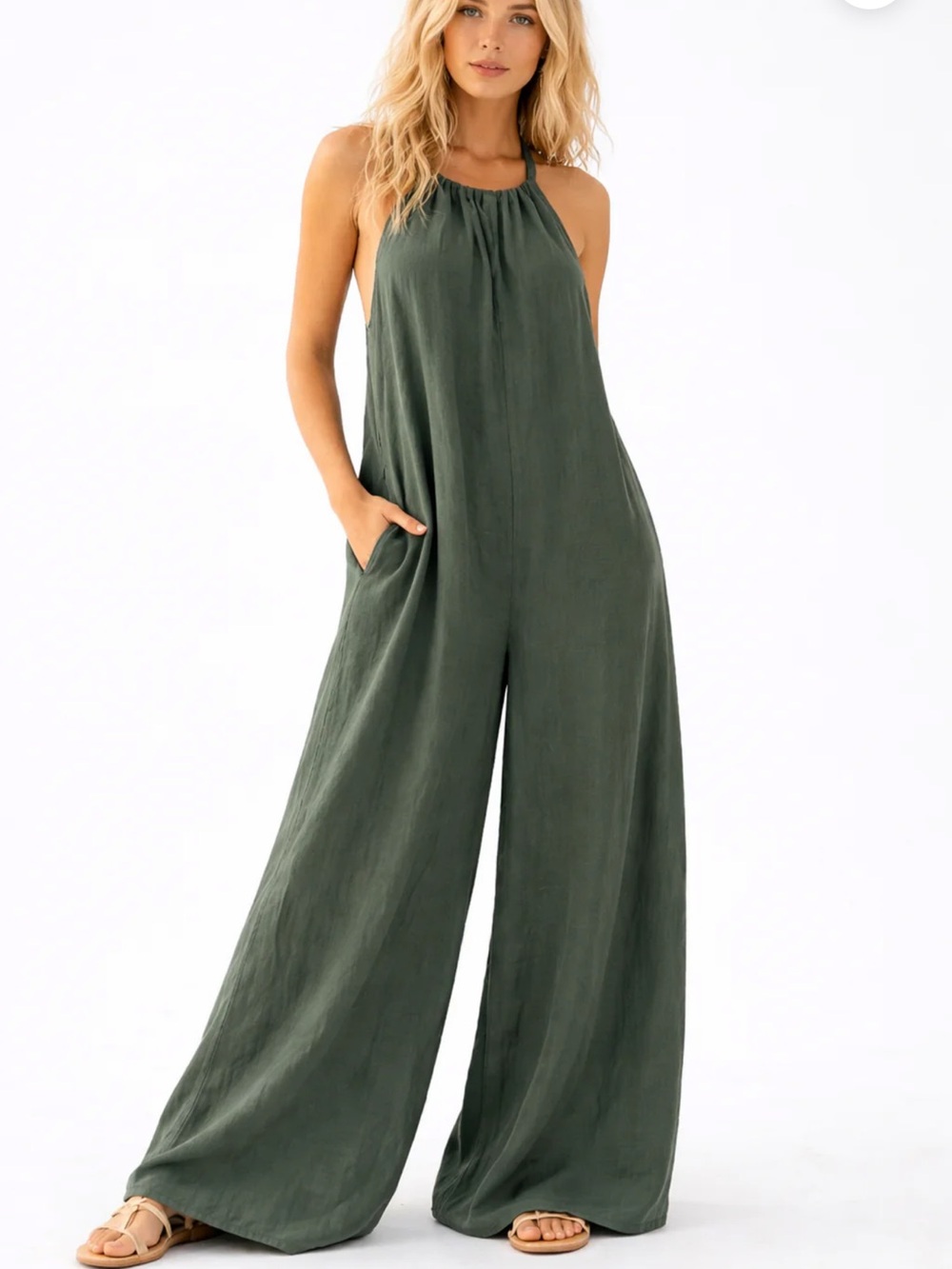 Halter Wide-Leg Jumpsuit in Olive Green